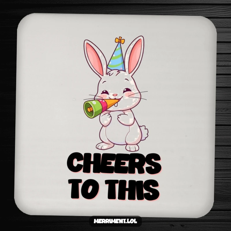 Funny drink coasters featuring a cheerful bunny in a party hat, blowing a giant noisemaker, ideal for party tables.