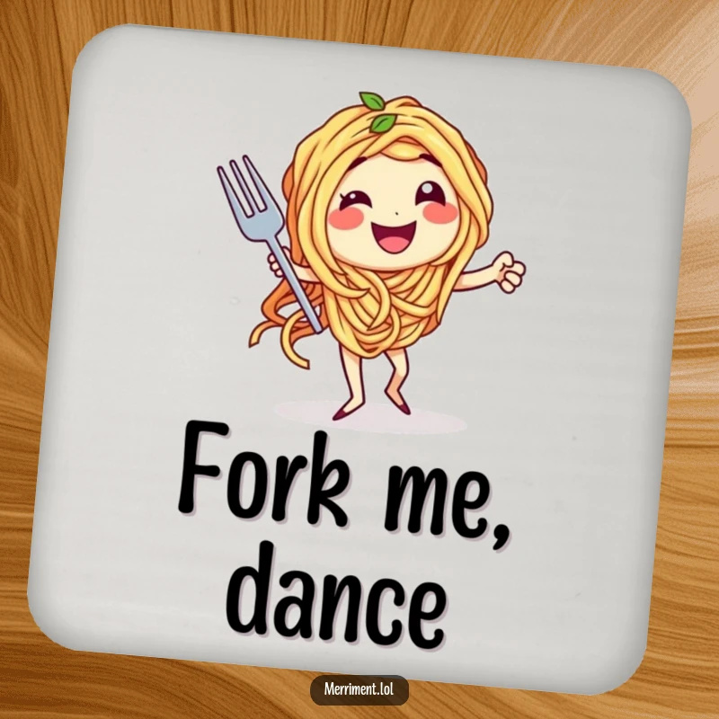 Funny drink coaster with spaghetti character in a tango with a fork, offering surface protection with delicious humor.