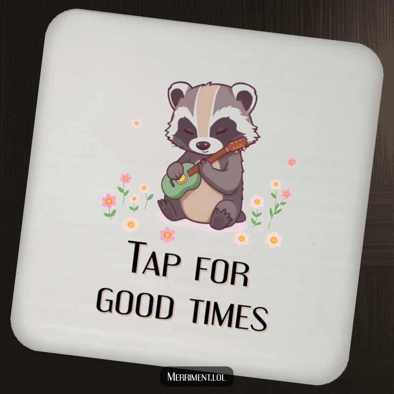 Funny badger drink coasters showing a determined animal tapping to make flowers bloom instantly, adding whimsical floral magic to surfaces.