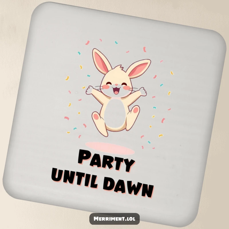 Funny coaster with a happy bunny doing a cartwheel and confetti, adding cheerful protection to tables and surfaces.