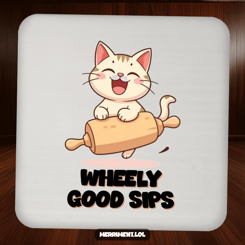 Funny Cat Coaster, a cheerful cat with a wide grin, riding a runaway rolling pin, protecting surfaces with whimsical fun.