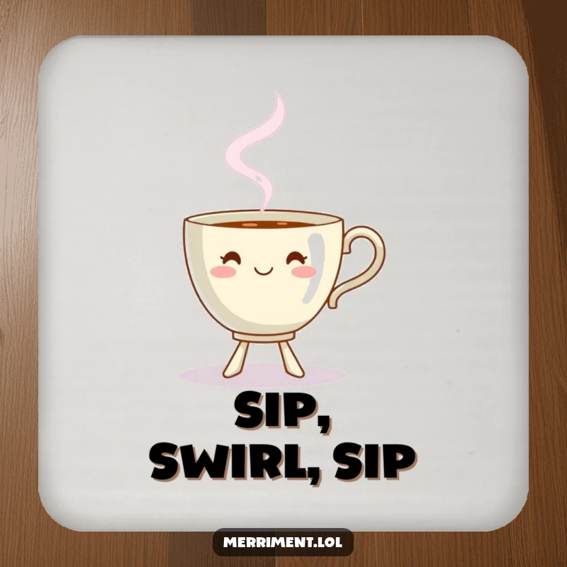 Funny dancing teacup drink coasters with steam forming a playful shape, whimsical and humorous coasters.