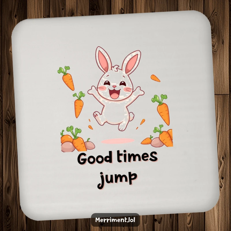Funny coaster art of a delighted rabbit character bouncing with excitement amidst a cheerful shower of floating carrots.