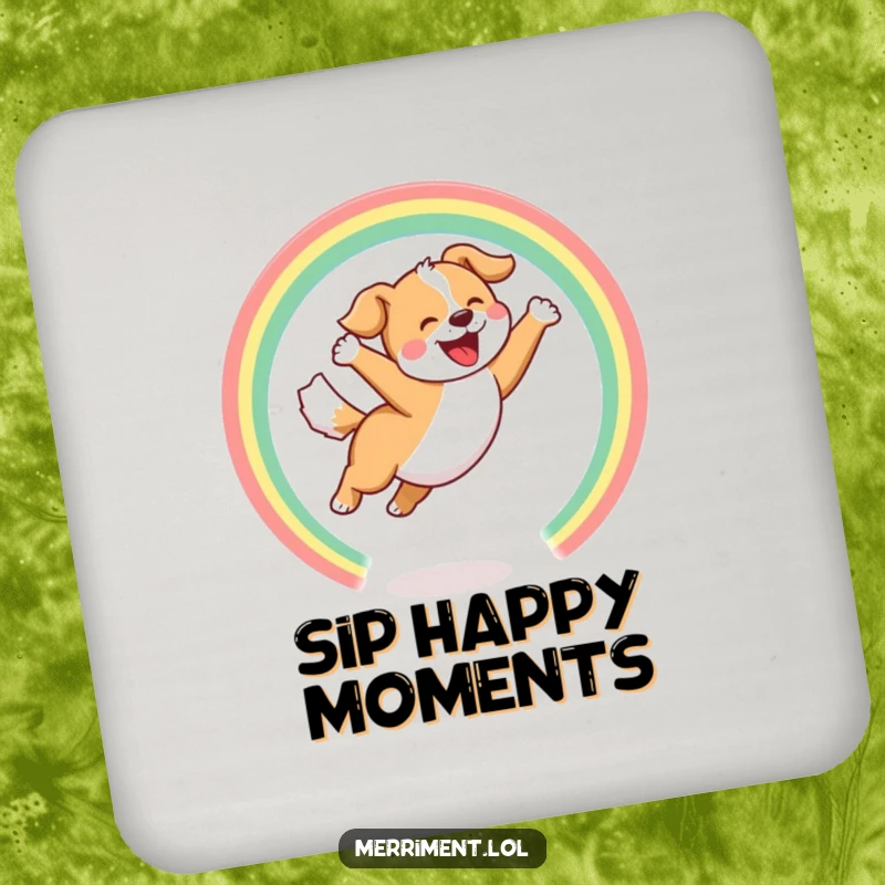Funny Drink Coaster with a joyful dog leaping through a hoop of rainbows with a happy bark, practical and cheerful.