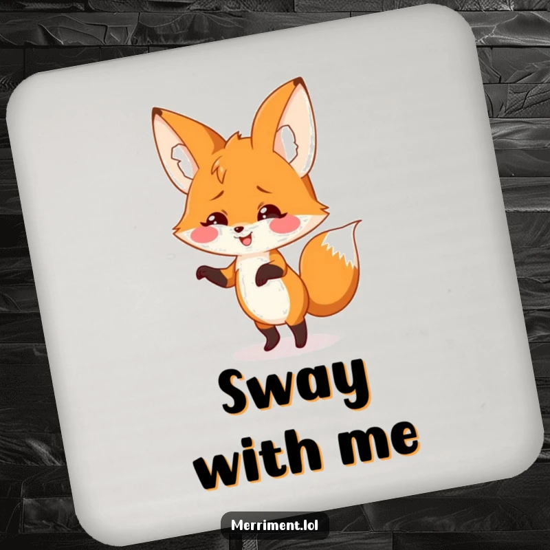 Smiling fox with giant floppy ears doing a silly dance on a drink coaster, adding groovy and humorous protection to surfaces.