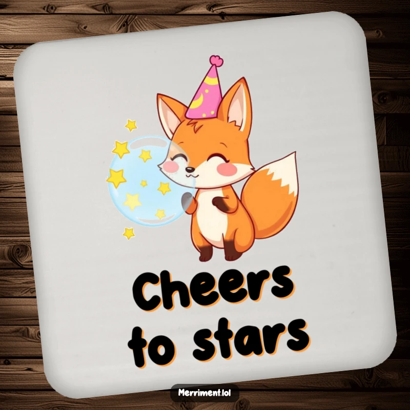 Funny coaster featuring a cheerful fox blowing a giant bubble that pops into stars, a festive way to protect surfaces.
