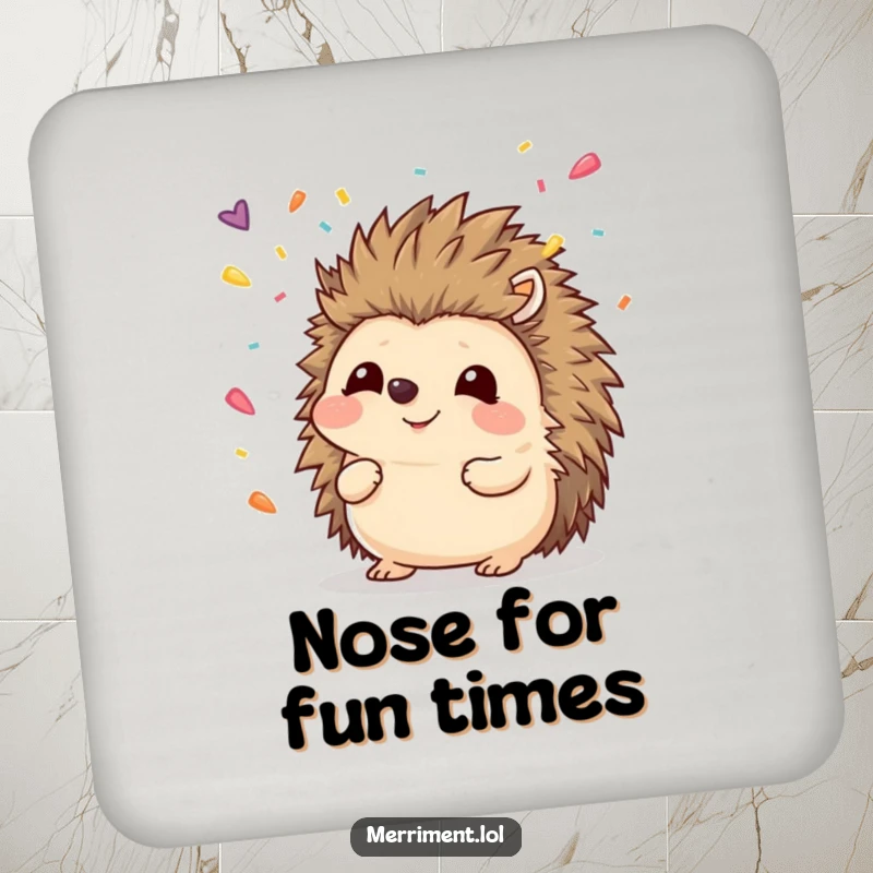 Funny hedgehog drink coasters showing a smiling nose catching colorful confetti, protecting furniture with whimsical humor.