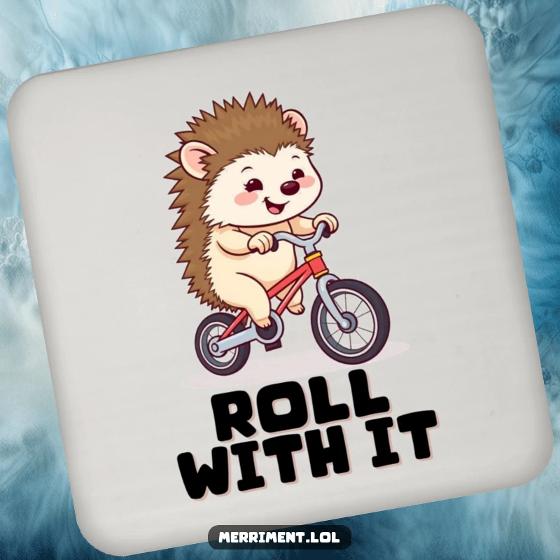 Funny hedgehog wobbling on a miniature unicycle, providing humorous protection for drinks and surfaces.