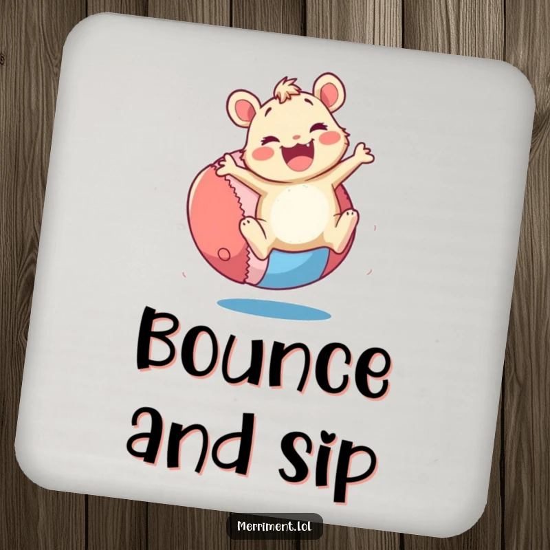 Funny Drink Coaster: A merry critter bounces a giant, colorful ball with enthusiasm. Protects surfaces with humor, a funny gift.
