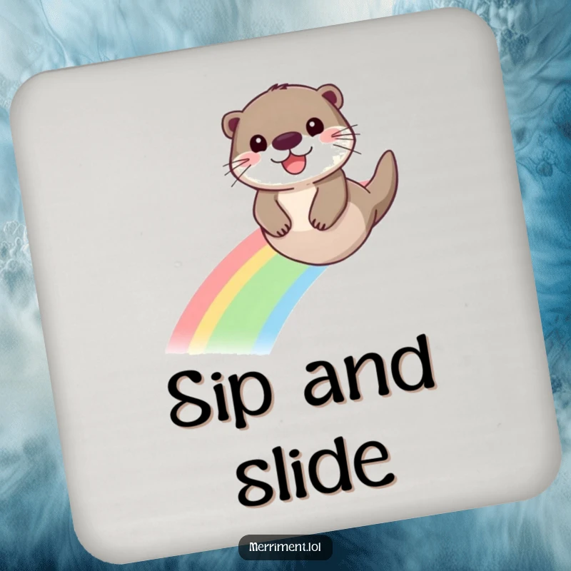 Funny coaster featuring a beaming otter sliding down a vibrant rainbow, a humorous way to protect furniture.