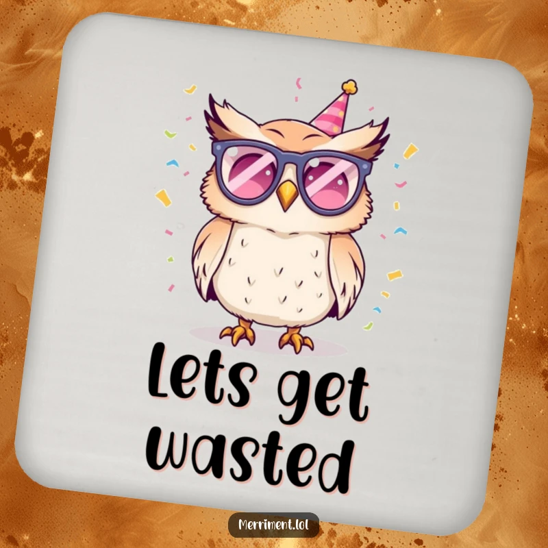 Funny drink coaster with a party owl in glasses, showering confetti, perfect for adding a touch of humor to any table.