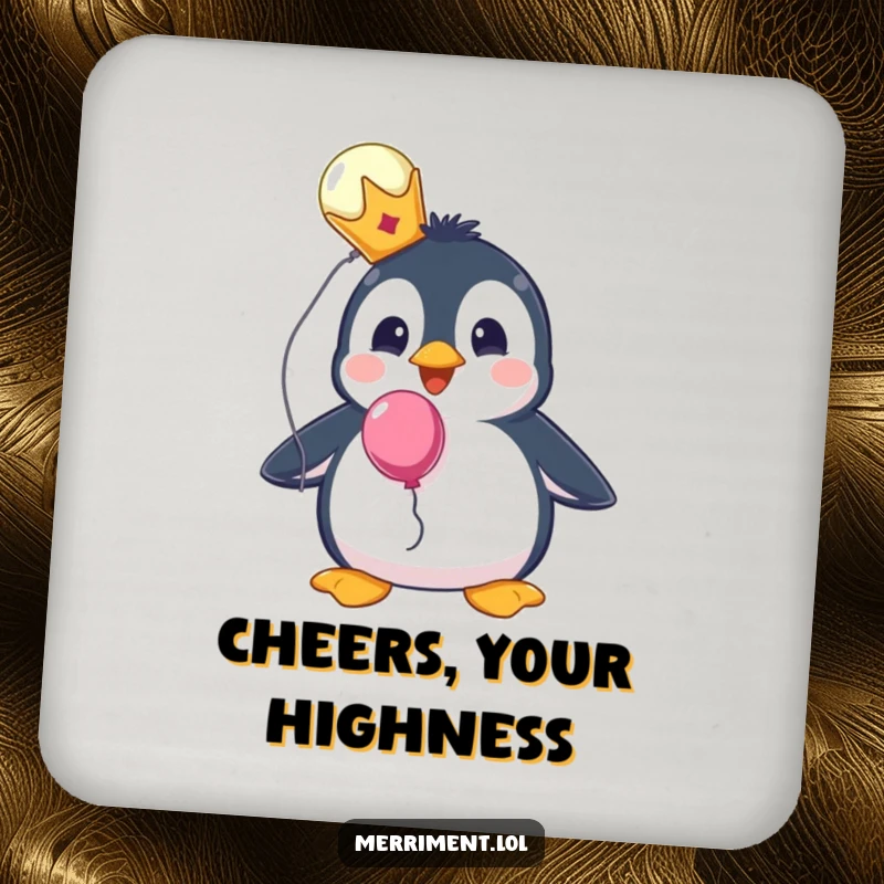 Funny drink coasters featuring a surprised penguin wearing a tiny crown and holding a balloon, perfect for any table.