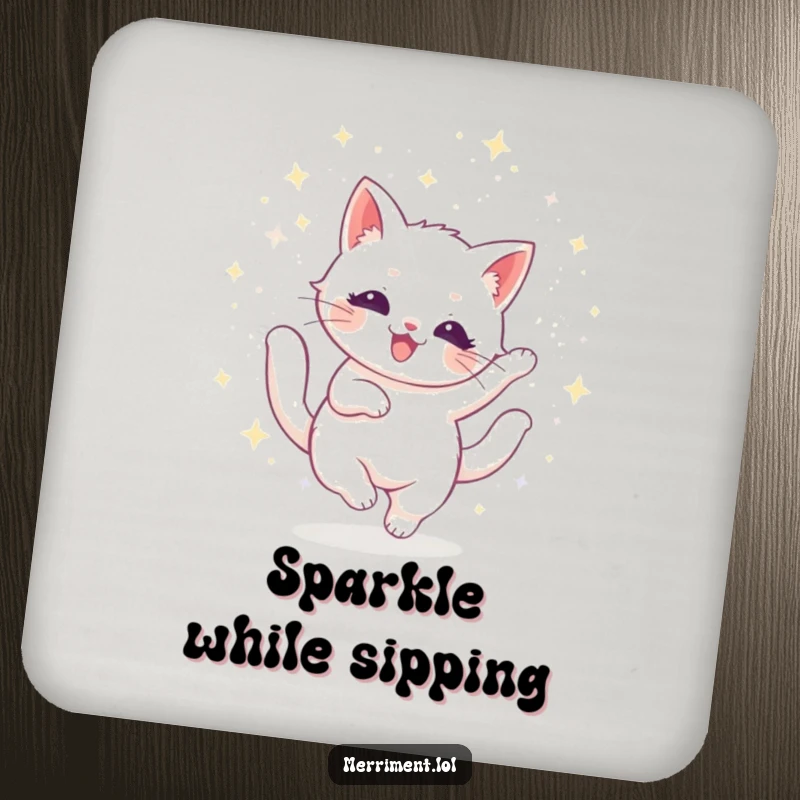 Funny cat coaster featuring a radiant feline twirling in glitter, protecting surfaces with dazzling and humorous charm.
