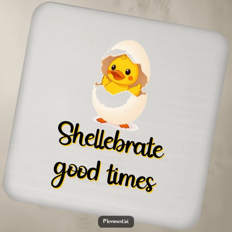 Funny surprised egg drink coasters hatching a tiny rubber duck, a set of quirky and humorous coasters.