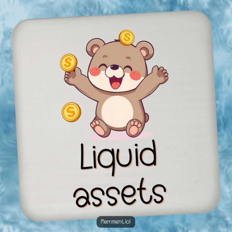 Funny coaster featuring a delighted bear cub enthusiastically juggling three shiny golden coins, a joyful addition to any drink.