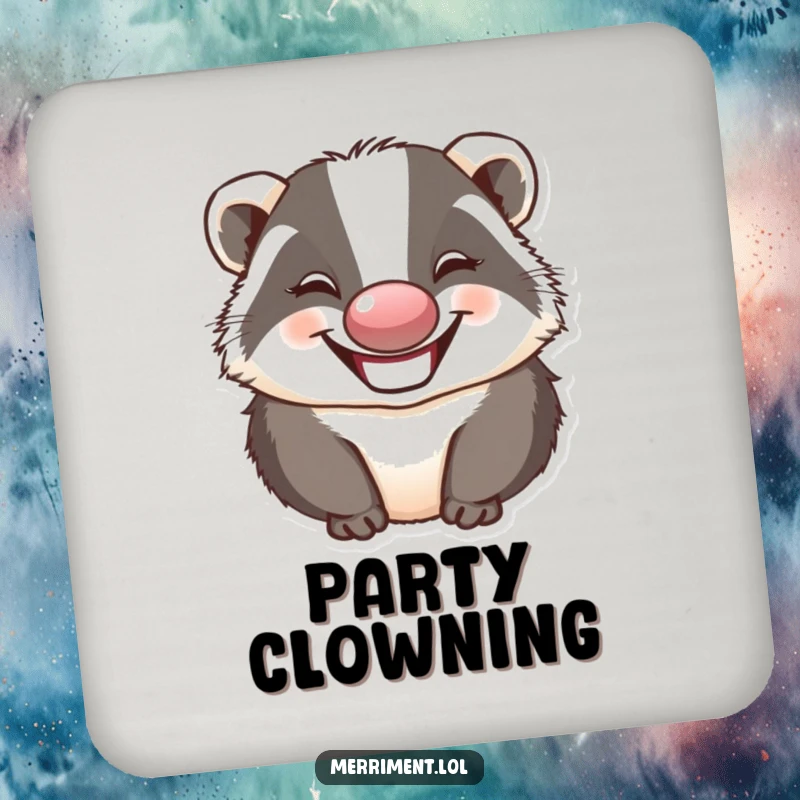 Funny badger wearing a clown nose and making a silly face, providing humorous protection for drinks and surfaces.