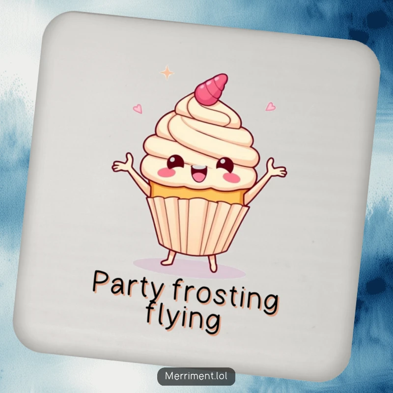 Funny drink coaster with a giddy cupcake character doing a jig, frosting flying, adding a touch of sweet and humorous protection.