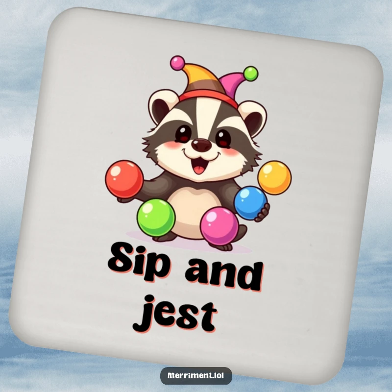 Happy badger wearing a jester hat juggles rainbow-colored balls with joy, protecting surfaces on a durable drink coaster.