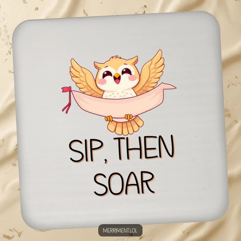 Funny owl drink coaster, a joyful bird soaring with a banner, protecting surfaces with a touch of humor.