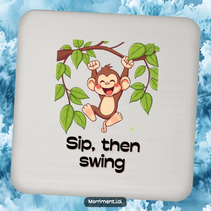 Funny monkey coaster with a silly monkey character swinging from a vine with a joyous whoop, protecting surfaces with humor.