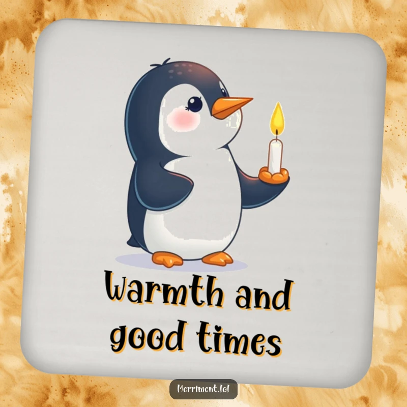 Funny coaster featuring a curious penguin balancing a small, lit candle on its beak.