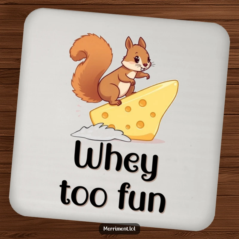 Funny squirrel mid-surf on a giant cheese slice, providing humorous protection for drinks and surfaces with this coaster.