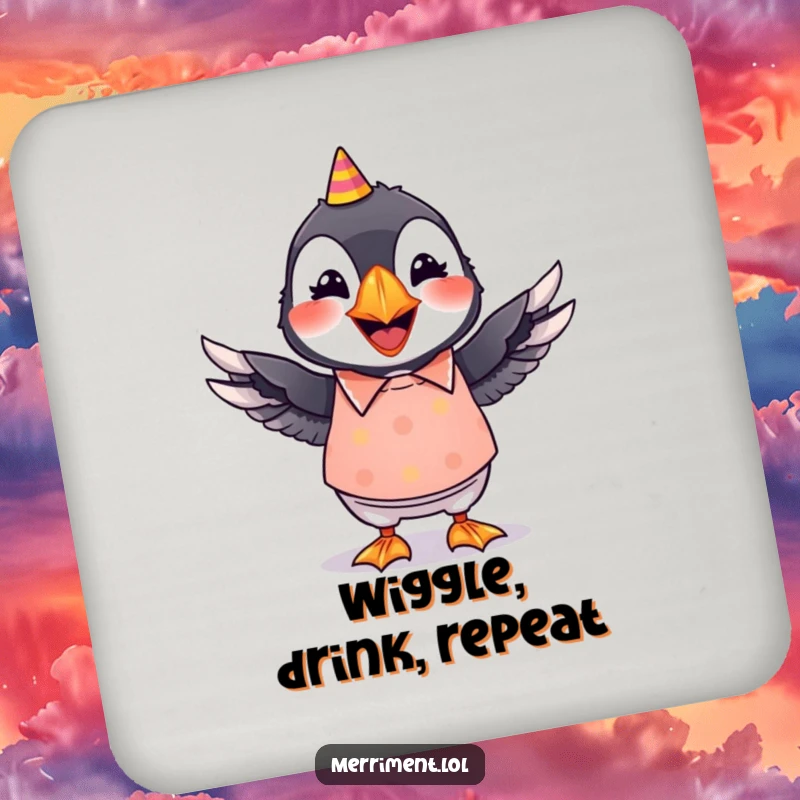 Funny drink coaster featuring a grinning puffin in a bright party shirt, its wings wiggling with party energy.