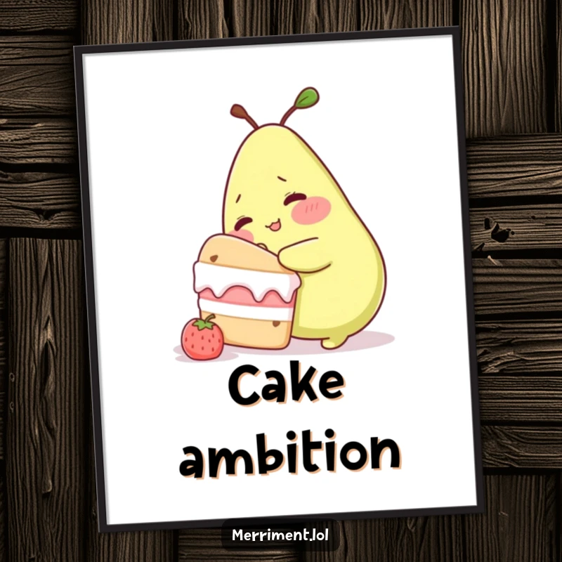 Funny poster print of a blushing pear character subtly attempting to eat a giant cake, a humorous piece of wall art.