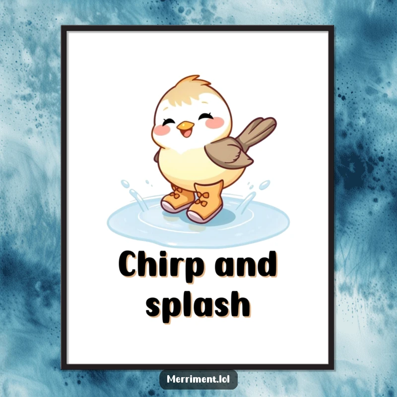 Funny chickadee in oversized boots, gleefully splashing in a puddle, creating whimsical and humorous wall art for bird enthusiasts.