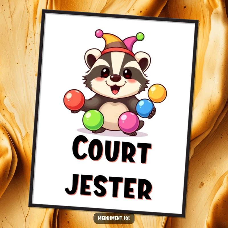 Happy badger wearing a jester hat juggles rainbow-colored balls with a joyful expression, depicted as a humorous poster.