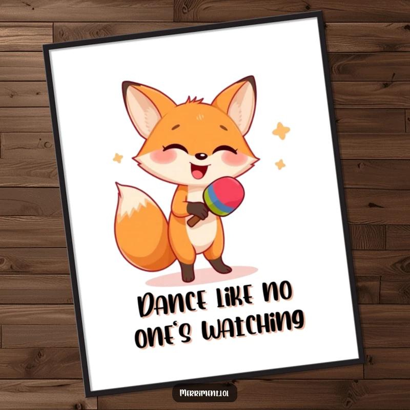 Funny poster of a giggling fox enthusiastically dancing and shaking oversized maracas, bringing a burst of playful energy to any wall.