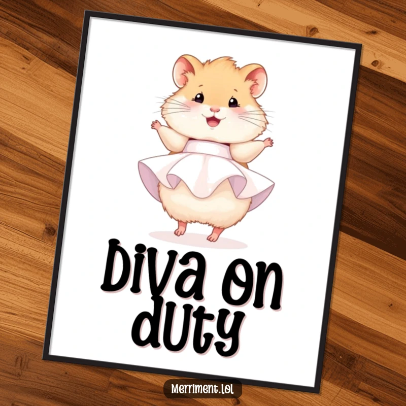 Funny hamster poster, a fluffy hamster in a tiny party dress, joyfully twirling, bringing cute and festive vibes.