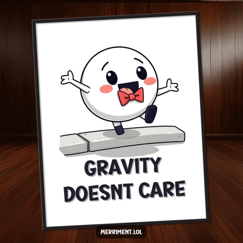 Funny poster print of a distinguished ball wearing a bowtie dramatically falling off a curb, a humorous piece of wall art.