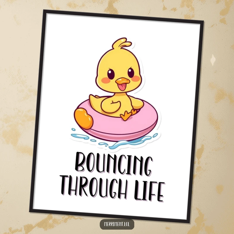 Funny poster of a happy duck quacking loudly while balancing on a vibrant inflatable, capturing a moment of pure, exhilarating fun.