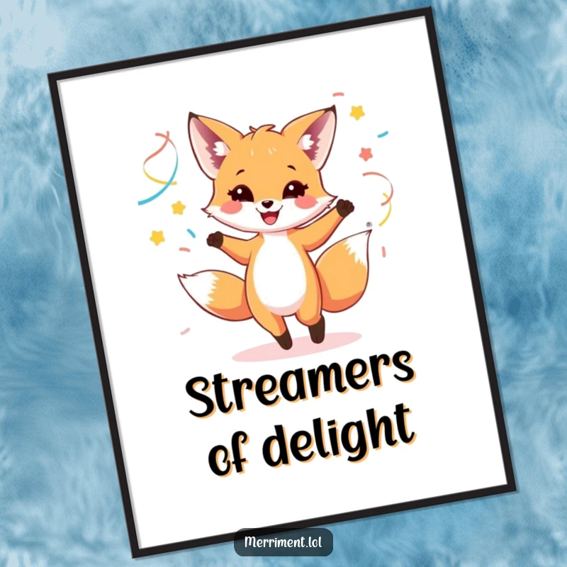 Funny art print of a happy fox cub dancing with colorful streamers, perfect for adding a festive touch.