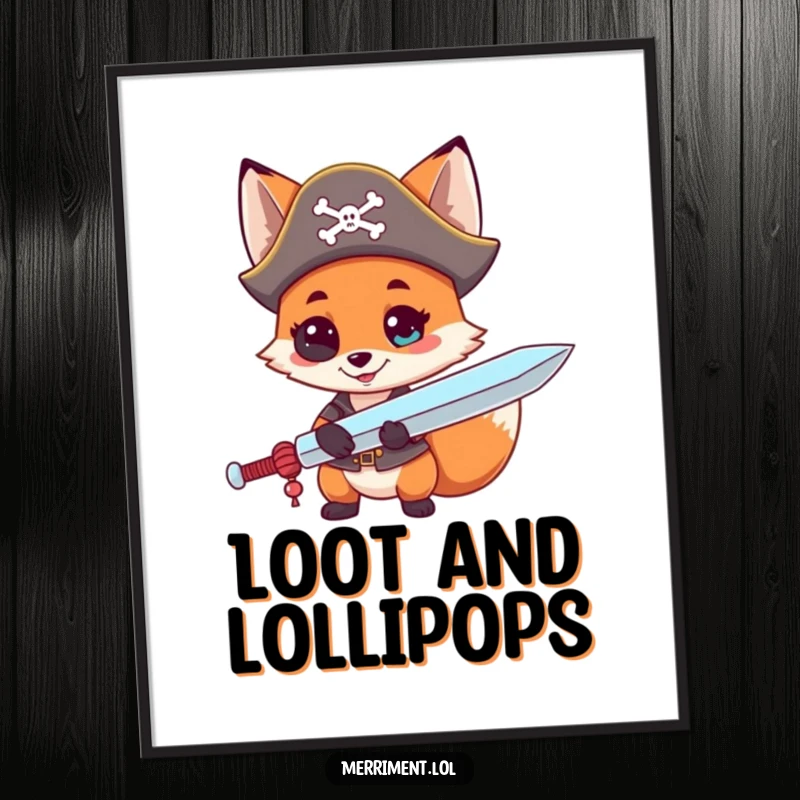 Funny poster art of a curious fox wearing a pirate hat, brandishing a giant lollipop as a sword, whimsical wall decor.