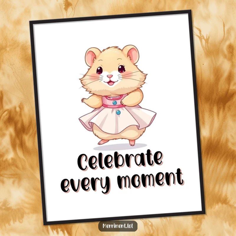 Funny, fluffy hamster wearing a tiny party dress and twirling happily, a humorous and vibrant piece of wall art.