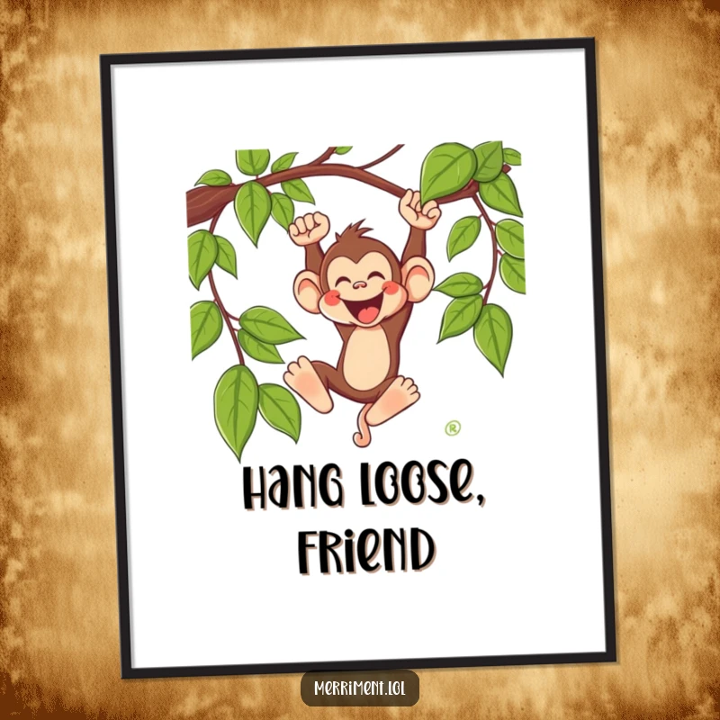 Funny monkey poster showcasing a silly monkey character swinging wildly from a vine with a joyous whoop, a piece of funny wall art.