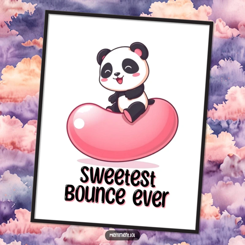 Funny Panda Poster: Playful panda bouncing high on a giant wobbling jelly bean, bringing energy and humor to decor.