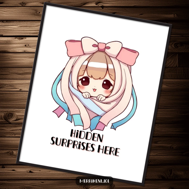 Funny Poster: A playful character peeks from behind a cascade of vibrant ribbons. Whimsical and a funny gift.