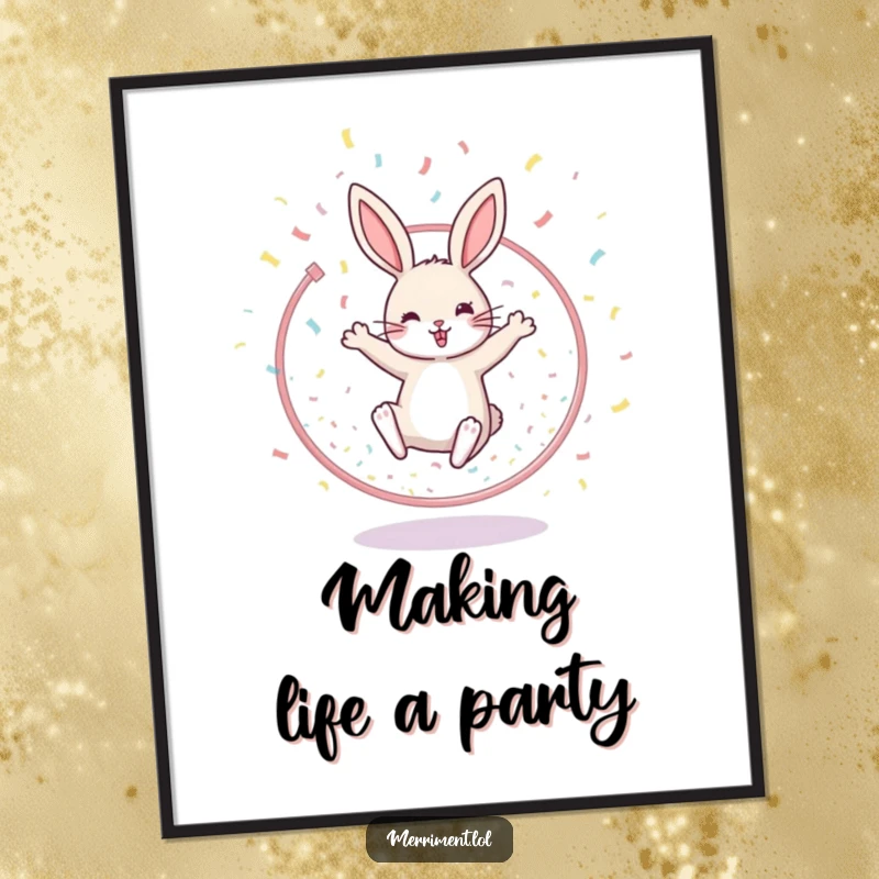 Funny poster art of a cheerful rabbit dynamically leaping through a hoop amidst a vibrant cascade of confetti, symbolizing triumph.