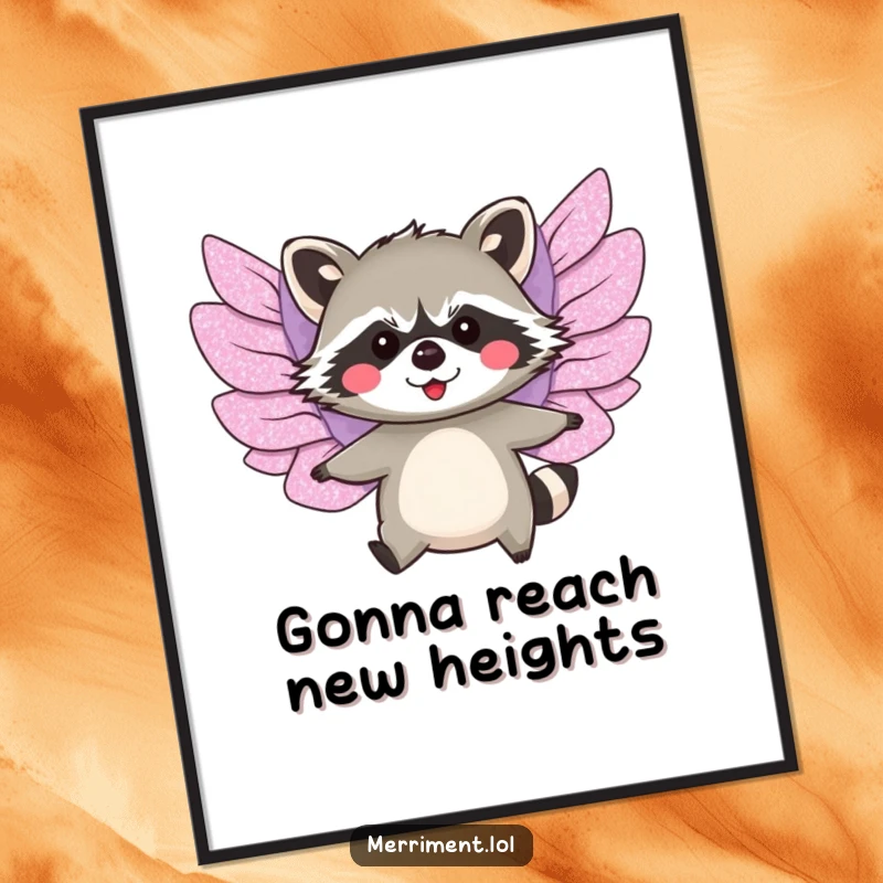 Funny poster print of a blushing raccoon wearing large, glittery paper wings and trying to fly.