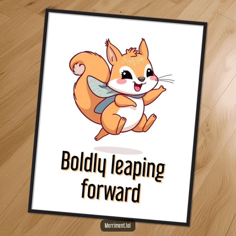 Funny art print of a playful squirrel wearing a sparkly cape, leaping joyfully, capturing heroic movement.