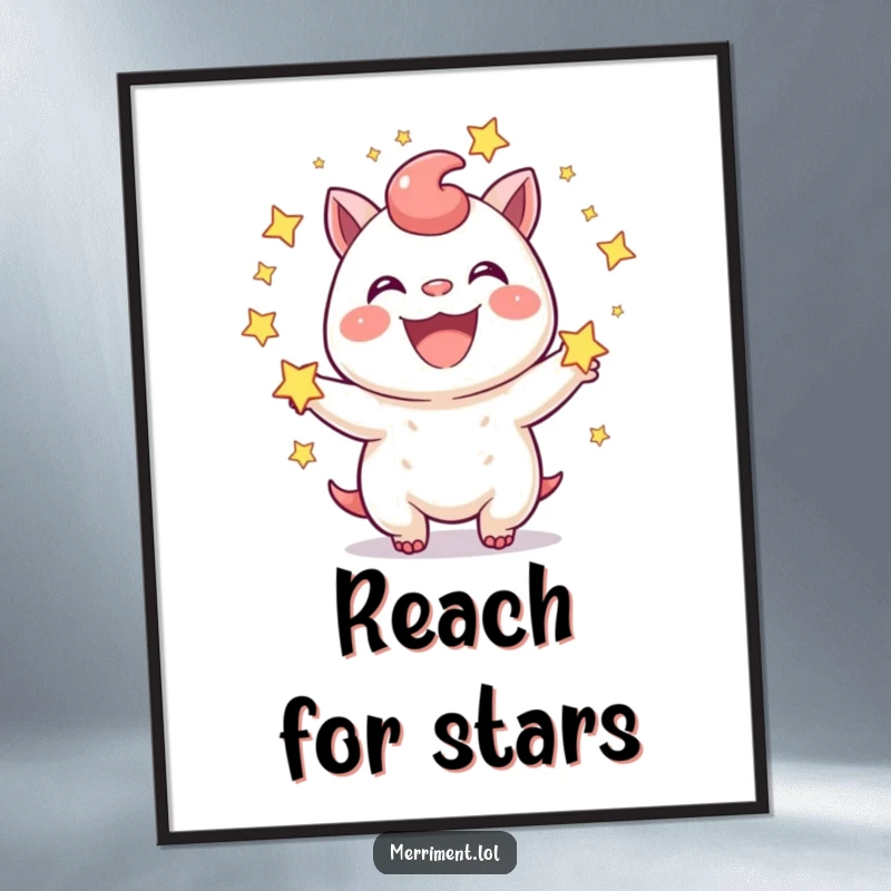 Funny Poster: A joyful creature with a wide grin expertly juggles sparkling stars. Captivating and a funny gift.