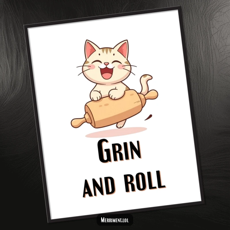 Funny Cat Poster, a cheerful cat with a wide grin, joyfully riding a runaway rolling pin, bringing vibrant energy to any space.