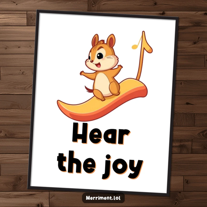 Funny poster art of a chipmunk with a joyful expression, sliding down a large musical note, whimsical wall decor.