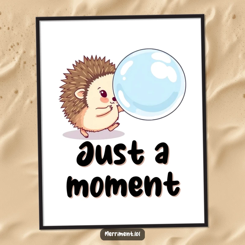 Funny hedgehog poster showing a fluffy animal eagerly chasing a comically large, bouncing soap bubble, creating a dynamic and humorous art piece.