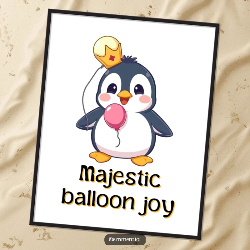 Funny art print of a surprised penguin wearing a tiny crown and holding a balloon, exuding regal charm.