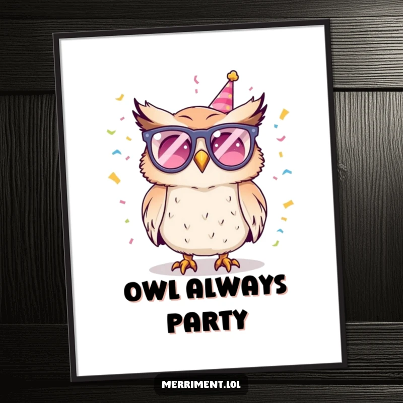 Funny poster of a fun-loving owl in party glasses, throwing a confetti shower, creating an atmosphere of instant celebration.