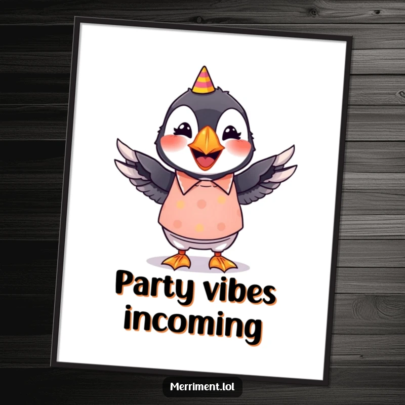 Funny poster print of a grinning puffin wearing a bright party shirt and comically wiggling its wings.